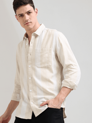 Pure cotton cream&white Casual shirt shop online at Estilocus. 100% Pure Cotton 90% LESS WATER USAGE LOWER CARBON EMISSION NO HARMFUL DYES ON YOUR SKIN NO SYNTHETIC PESTICIDES IN OUR SOIL • Full-sleeve check shirt• Cut and sew placket• Regular collar• Dou