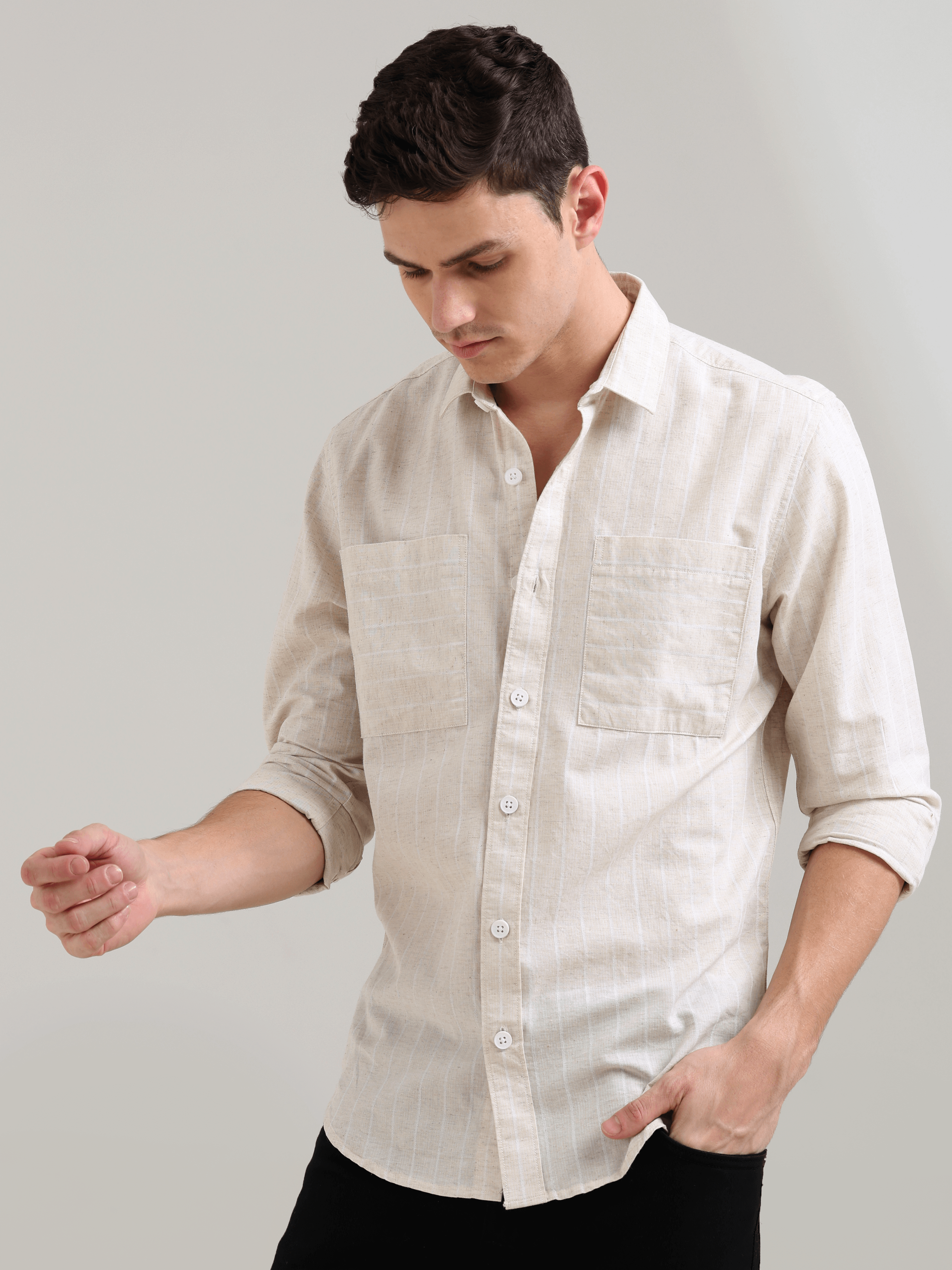 Pure Cotton white Stripes Casual Shirt shop online at Estilocus. 100% cotton; full-sleeve check shirt; Cut and sew placket; Regular collar; Double button edge cuff; Double pocket; curved bottom hemline; all double needle construction, finest quality sewin