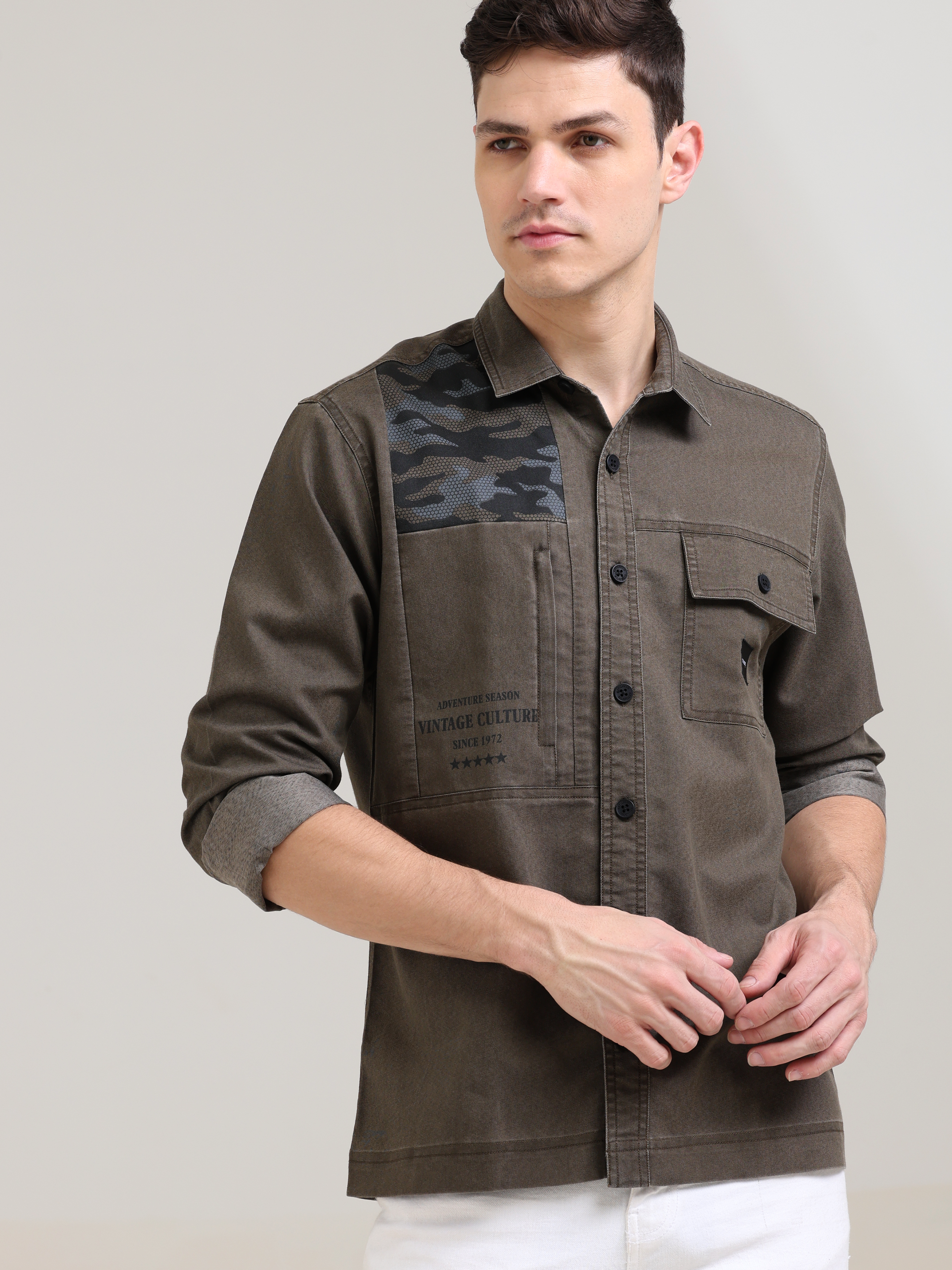 Taupe brown denim shirt_ Casual Shirt_ estilocus