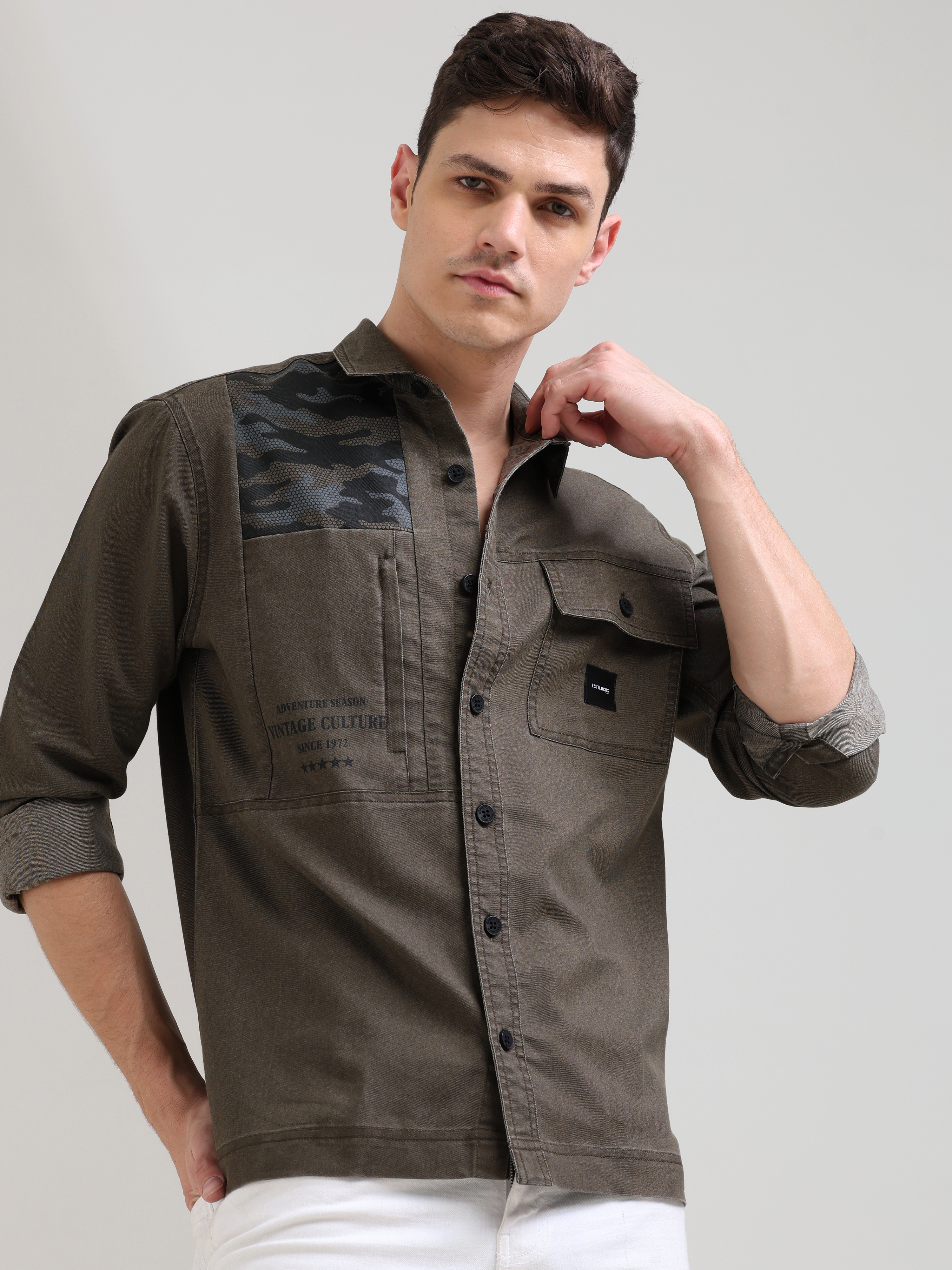 Taupe brown denim shirt_ Casual Shirt_ estilocus