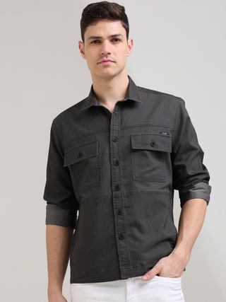 Charcoal Gray Denim Shirt shop online at Estilocus. 100% premium Denim Full-sleeve shirt Cut and sew placket. Regular collar Double button edge cuff Double pocket, other end with flap pocket Curved bottom hemline HD elegant print at panal All Double needl