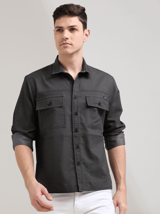 Charcoal Gray Denim Shirt shop online at Estilocus. 100% premium Denim Full-sleeve shirt Cut and sew placket. Regular collar Double button edge cuff Double pocket, other end with flap pocket Curved bottom hemline HD elegant print at panal All Double needl