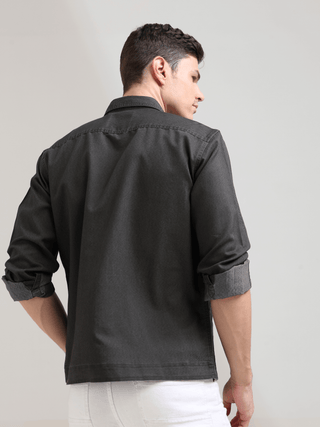 Charcoal Gray Denim Shirt shop online at Estilocus. 100% premium Denim Full-sleeve shirt Cut and sew placket. Regular collar Double button edge cuff Double pocket, other end with flap pocket Curved bottom hemline HD elegant print at panal All Double needl