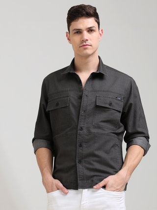 Charcoal Gray Denim Shirt shop online at Estilocus. 100% premium Denim Full-sleeve shirt Cut and sew placket. Regular collar Double button edge cuff Double pocket, other end with flap pocket Curved bottom hemline HD elegant print at panal All Double needl