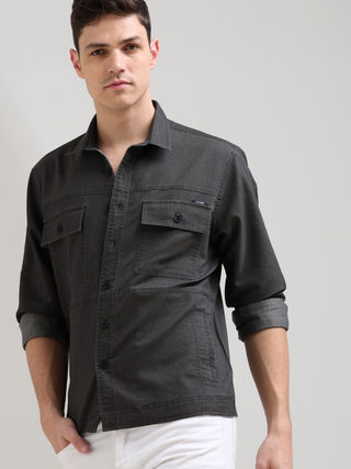 Charcoal Gray Denim Shirt shop online at Estilocus. 100% premium Denim Full-sleeve shirt Cut and sew placket. Regular collar Double button edge cuff Double pocket, other end with flap pocket Curved bottom hemline HD elegant print at panal All Double needl