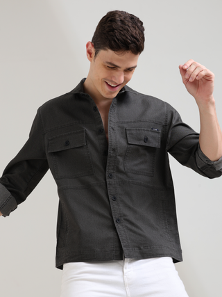 Charcoal Gray Denim Shirt shop online at Estilocus. 100% premium Denim Full-sleeve shirt Cut and sew placket. Regular collar Double button edge cuff Double pocket, other end with flap pocket Curved bottom hemline HD elegant print at panal All Double needl