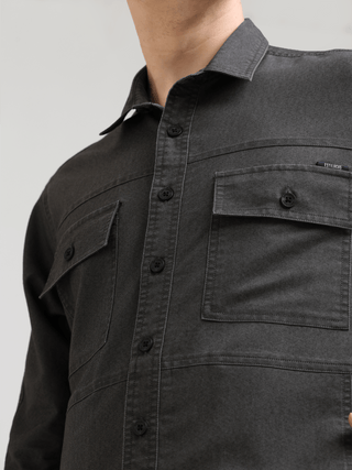 Charcoal Gray Denim Shirt shop online at Estilocus. 100% premium Denim Full-sleeve shirt Cut and sew placket. Regular collar Double button edge cuff Double pocket, other end with flap pocket Curved bottom hemline HD elegant print at panal All Double needl