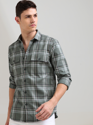 Taupe green off-white casual check shirt shop online at Estilocus. 100% Cotton • Full-sleeve check shirt• Cut and sew placket• Regular collar• Double button edge cuff• Double pocket with flap• Curved bottom hemline .• All double needle construction, fines