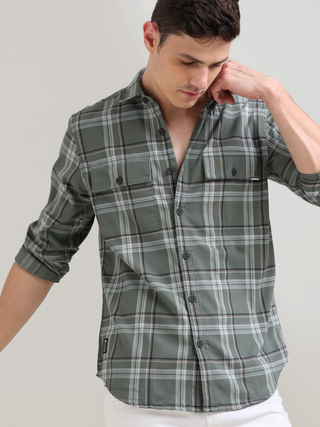 Taupe green off-white casual check shirt shop online at Estilocus. 100% Cotton • Full-sleeve check shirt• Cut and sew placket• Regular collar• Double button edge cuff• Double pocket with flap• Curved bottom hemline .• All double needle construction, fines