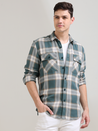 Aegean teal off-white casual check shirt shop online at Estilocus. 100% Cotton • Full-sleeve check shirt• Cut and sew placket• Regular collar• Double button edge cuff• Double pocket with flap• Curved bottom hemline .• All double needle construction, fines