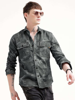 Geometric Print Dark Green Shacket - model_poseposition_of_shirtporduct_type