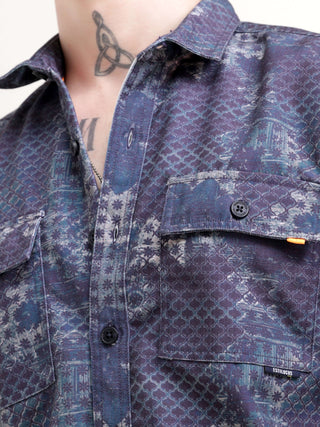Geometric Print Indigo Overshirt - model_poseposition_of_shirtporduct_type