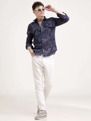 Geometric Print Indigo Overshirt - model_poseposition_of_shirtporduct_type