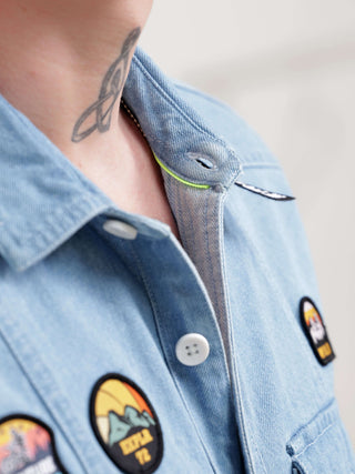 Closeup  of man wearing Light blue denim jacket in a white background.
