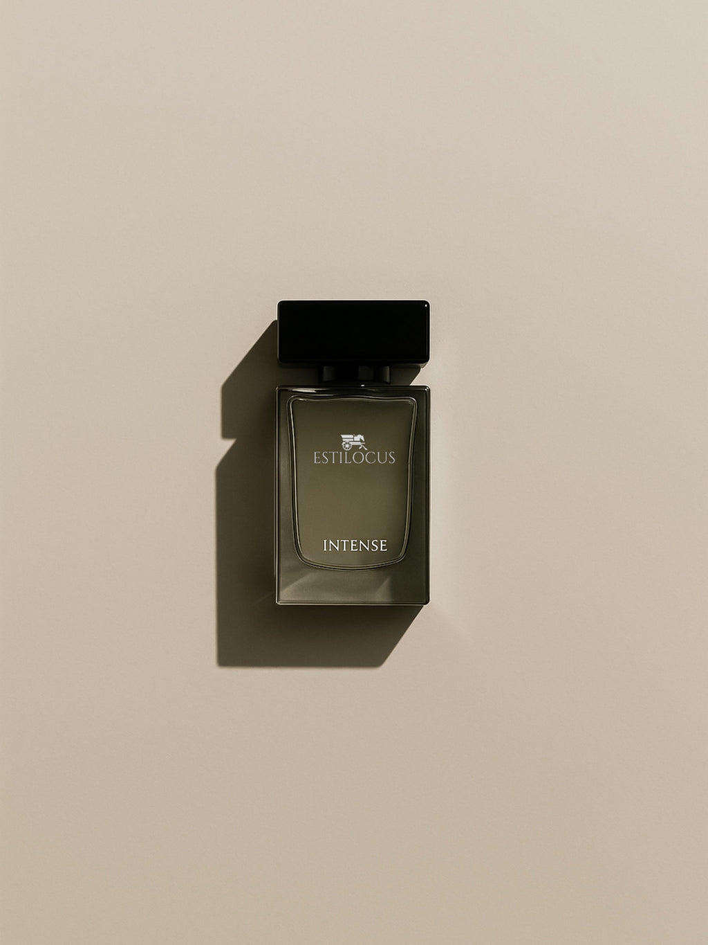 perfume bottle labeled 'Intense' by Estilocus on a beige background