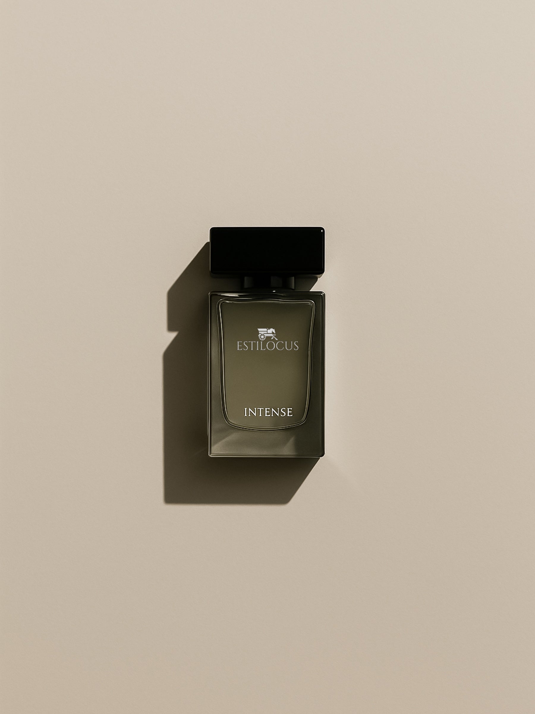 perfume bottle labeled 'Intense' by Estilocus on a beige background