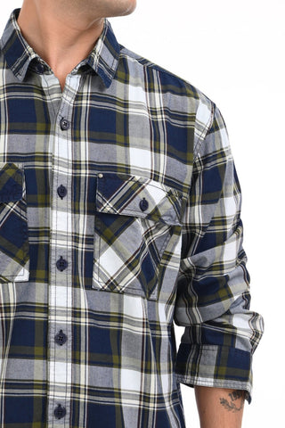 Closeup of man wearing check shirt  on a white background.