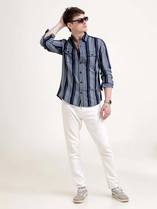 Midnight Navy & Grey Stripes Shirt - model_poseposition_of_shirtporduct_type