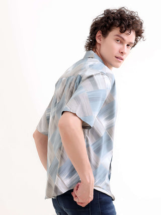 Minos Dusky Blue Printed Oversized Shirt - model_poseposition_of_shirtporduct_type