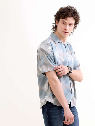 Minos Dusky Blue Printed Oversized Shirt - model_poseposition_of_shirtporduct_type