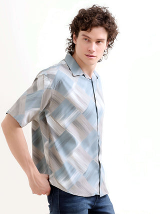 Minos Dusky Blue Printed Oversized Shirt - model_poseposition_of_shirtporduct_type