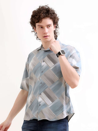 Minos Dusky Blue Printed Oversized Shirt - model_poseposition_of_shirtporduct_type
