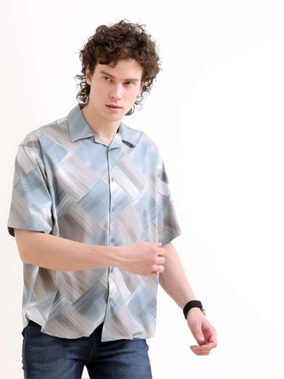 Minos Dusky Blue Printed Oversized Shirt - model_poseposition_of_shirtporduct_type