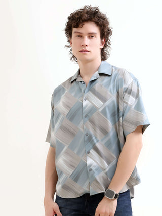 Minos Dusky Blue Printed Oversized Shirt - model_poseposition_of_shirtporduct_type