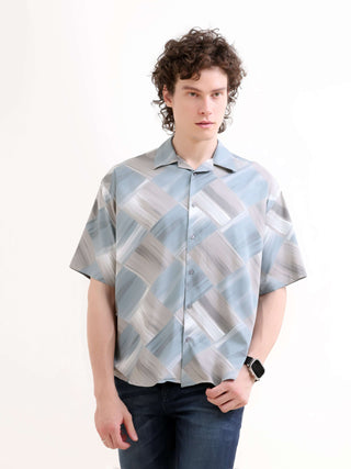 Minos Dusky Blue Printed Oversized Shirt - model_poseposition_of_shirtporduct_type