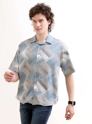 Minos Dusky Blue Printed Oversized Shirt - model_poseposition_of_shirtporduct_type