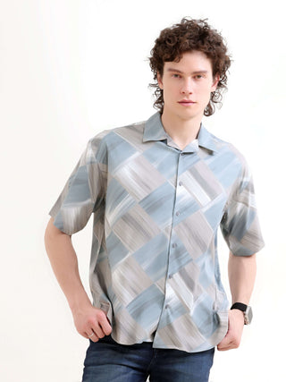 Minos Dusky Blue Printed Oversized Shirt - model_poseposition_of_shirtporduct_type