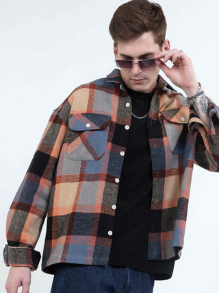 Orange & Blue Brushed - Cotton shacket men - model_poseposition_of_shirtporduct_type