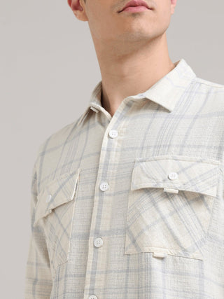 Pearl White Double Pocket Checks Shirt - model_poseposition_of_shirtporduct_type