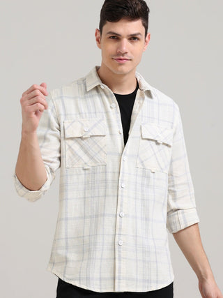 Pearl White Double Pocket Checks Shirt - model_poseposition_of_shirtporduct_type
