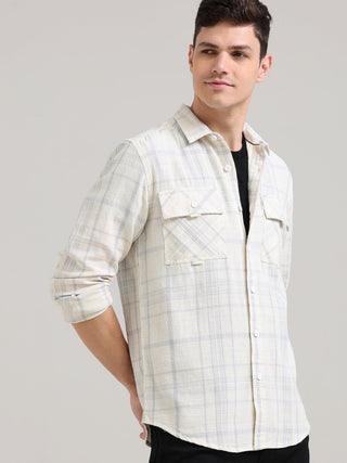 Pearl White Double Pocket Checks Shirt - model_poseposition_of_shirtporduct_type