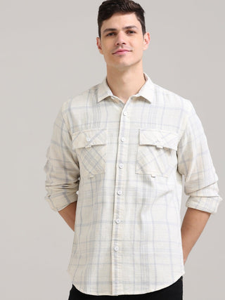 Pearl White Double Pocket Checks Shirt - model_poseposition_of_shirtporduct_type