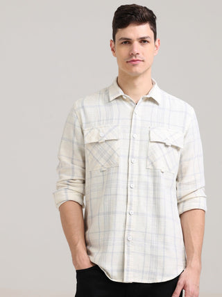 Pearl White Double Pocket Checks Shirt - model_poseposition_of_shirtporduct_type