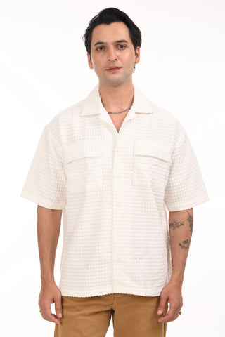 Pristine White Puff Textured Oversized Shirt - model_poseposition_of_shirtporduct_type