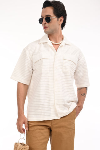 Pristine White Puff Textured Oversized Shirt - model_poseposition_of_shirtporduct_type