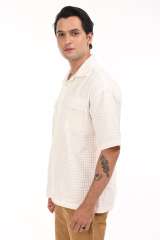 Pristine White Puff Textured Oversized Shirt - model_poseposition_of_shirtporduct_type