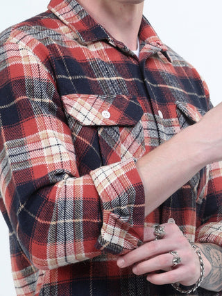 Red & Blue Brushed - Cotton Checks Shacket - model_poseposition_of_shirtporduct_type