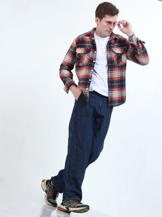 Red & Blue Brushed - Cotton Checks Shacket - model_poseposition_of_shirtporduct_type
