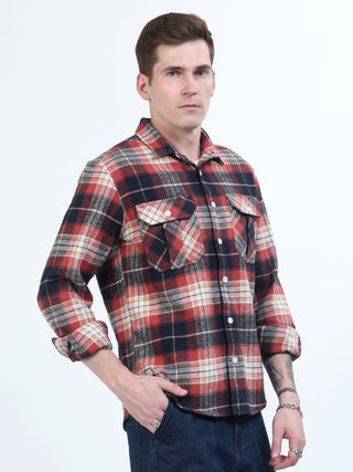 Red & Blue Brushed - Cotton Checks Shacket - model_poseposition_of_shirtporduct_type