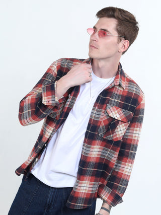 Red & Blue Brushed - Cotton Checks Shacket - model_poseposition_of_shirtporduct_type