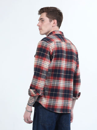 Red & Blue Brushed - Cotton Checks Shacket - model_poseposition_of_shirtporduct_type