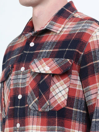 Red & Blue Brushed - Cotton Checks Shacket - model_poseposition_of_shirtporduct_type