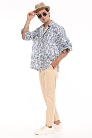 Regal Blue Bold Print Oversized Shirt - model_poseposition_of_shirtporduct_type