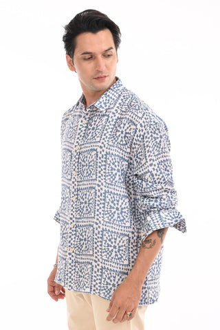 Regal Blue Bold Print Oversized Shirt - model_poseposition_of_shirtporduct_type