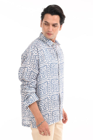 Regal Blue Bold Print Oversized Shirt - model_poseposition_of_shirtporduct_type