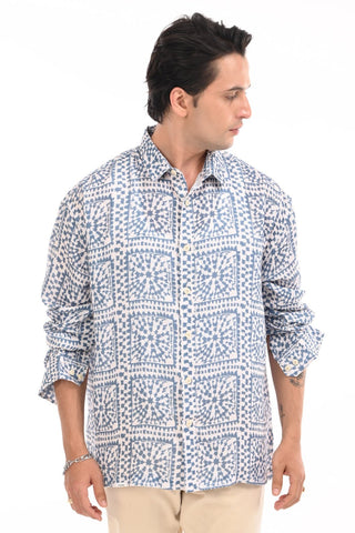 Regal Blue Bold Print Oversized Shirt - model_poseposition_of_shirtporduct_type
